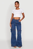 Womens Daisy Cargo Pocket Flare Jeans, Blue, Size S
