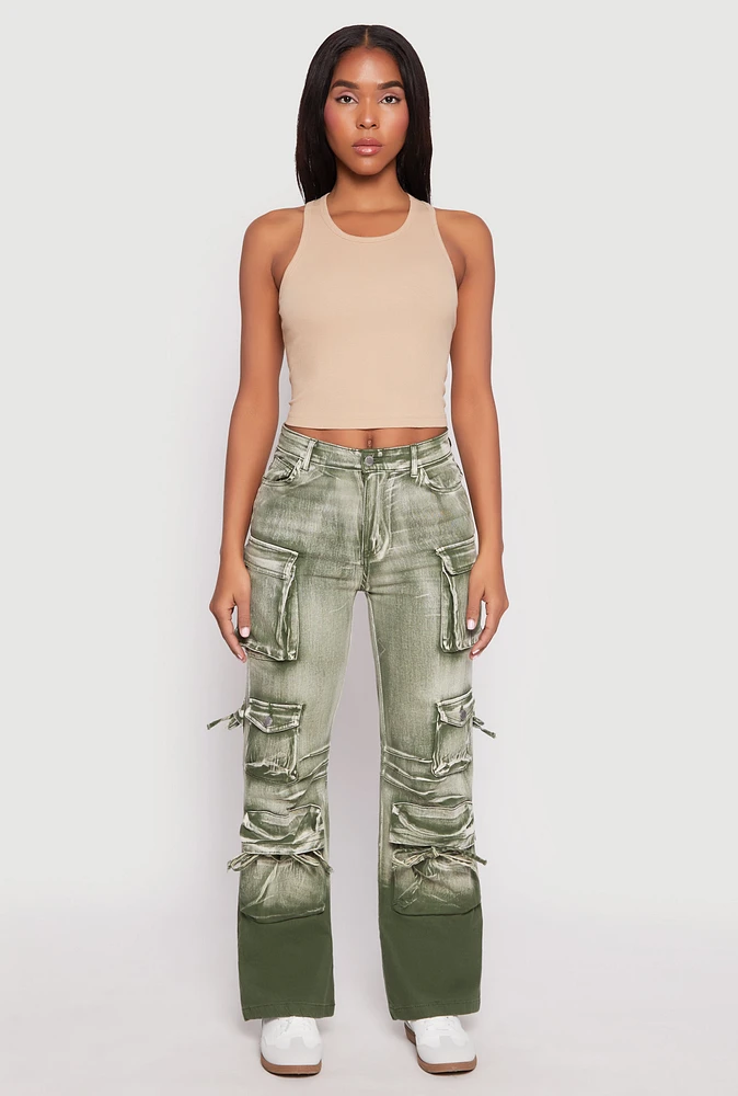 Womens Daisy Acid Wash Cargo Baggy Jeans,