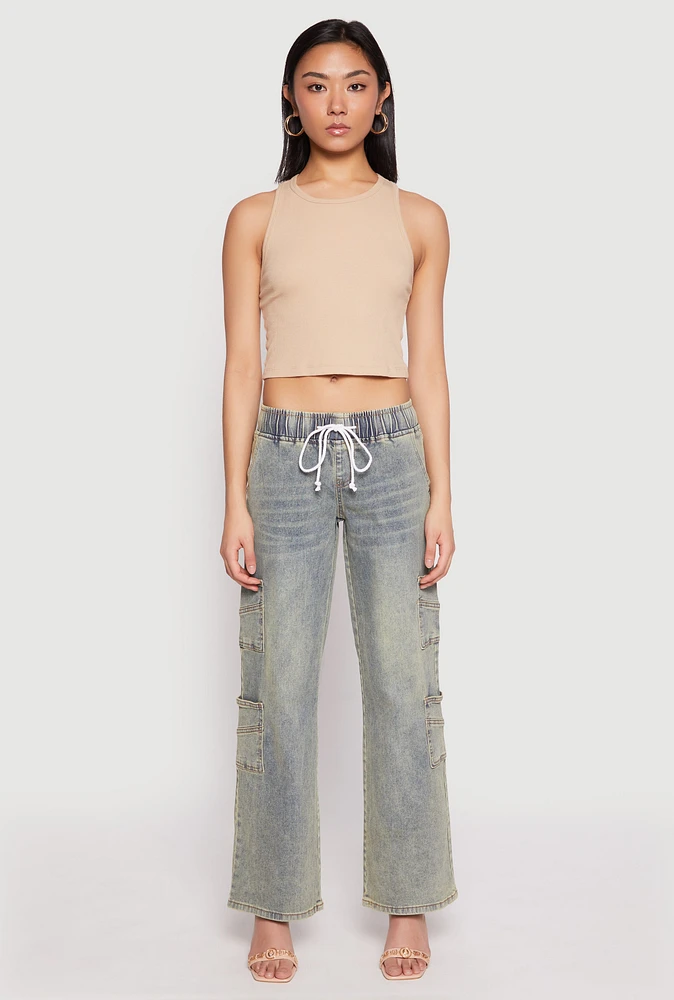Womens VIP Elastic Waist Band Wide Leg Jeans, Blue,