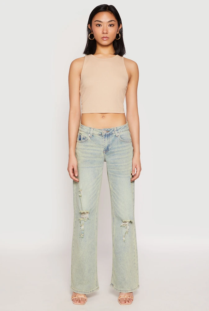Womens VIP Distressed Low Rise Wide Leg Jeans, Multi,