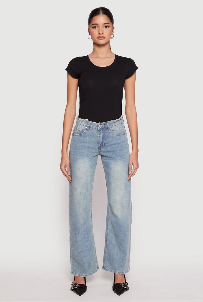 Womens VIP Frayed Waist Wide Leg Jeans, Blue,