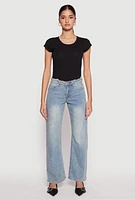 Womens VIP Frayed Waist Wide Leg Jeans, Blue,