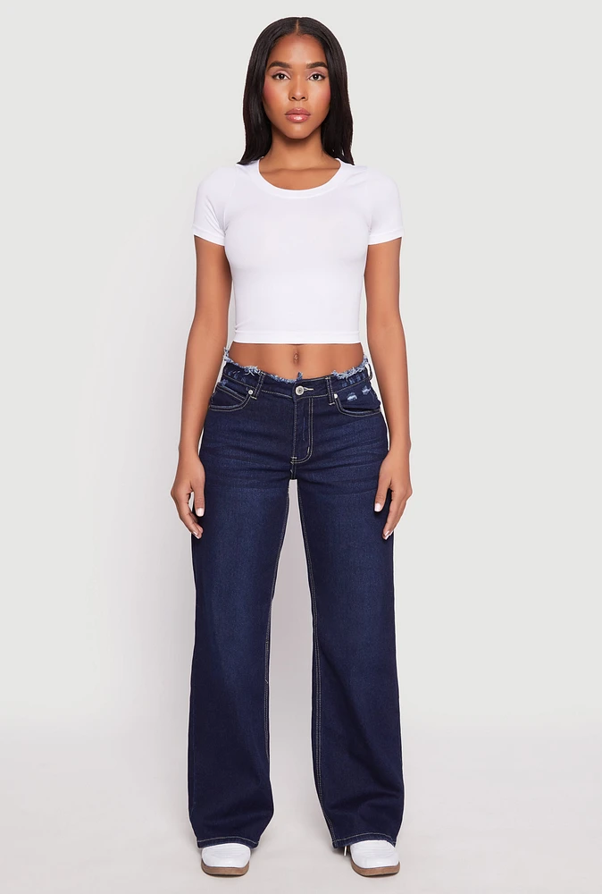 Womens VIP Frayed Waist Wide Leg Jeans, Blue, Size 1-2