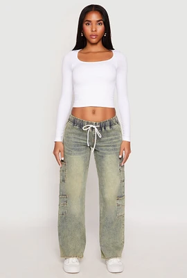Womens VIP Acid Wash Elastic Waist Cargo Jeans, Blue, Size 7-8