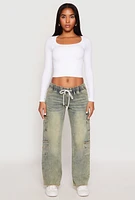 Womens VIP Acid Wash Elastic Waist Cargo Jeans, Blue, Size 7-8