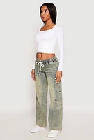 Womens VIP Acid Wash Elastic Waist Cargo Jeans, Blue, Size 7-8