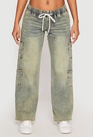 Womens VIP Acid Wash Elastic Waist Cargo Jeans, Blue, Size 7-8