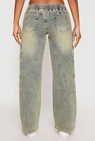 Womens VIP Acid Wash Elastic Waist Cargo Jeans, Blue, Size 7-8