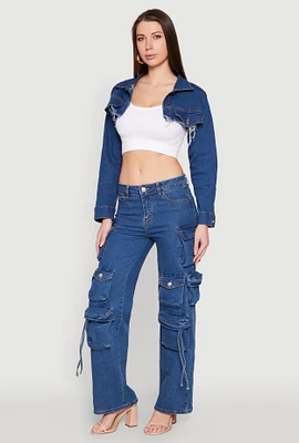 Womens VIP Tassel Cargo Pocket Jeans, Blue, Size 5