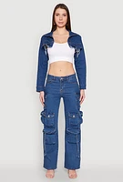 Womens VIP Tassel Cargo Pocket Jeans, Blue, Size 5
