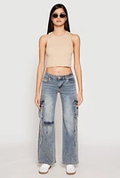 Womens VIP Acid Wash Cargo Pocket Low Rise Jeans, Blue, Size 15-16