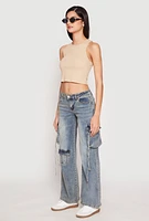 Womens VIP Acid Wash Cargo Pocket Low Rise Jeans, Blue,