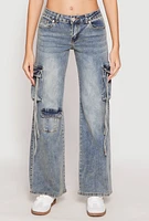 Womens VIP Acid Wash Cargo Pocket Low Rise Jeans, Blue,