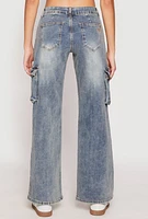 Womens VIP Acid Wash Cargo Pocket Low Rise Jeans, Blue,