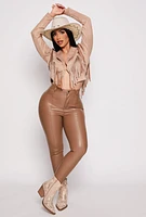 Womens Haute Monde Faux Leather Pintuck Pants, Brown, Size S