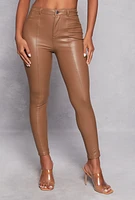 Womens Haute Monde Faux Leather Pintuck Pants, Brown, Size L