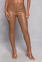 Womens Haute Monde Faux Leather Pintuck Pants, Brown, Size S