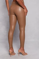 Womens Haute Monde Faux Leather Pintuck Pants, Brown, Size S