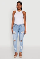 Womens WAX Ripped Rolled Cuff Skinny Jeans, Blue,