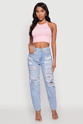 Womens WAX Slim Leg Striped Patch Distressed Denim Jeans, Blue, Size L