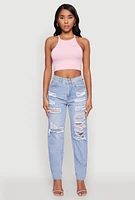 Womens WAX Slim Leg Striped Patch Distressed Denim Jeans, Blue, Size L