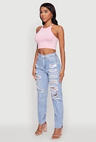 Womens WAX Slim Leg Striped Patch Distressed Denim Jeans, Blue, Size L