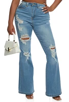 Womens WAX High Waisted Distressed Flare Jeans, Blue,