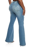 Womens WAX High Waisted Distressed Flare Jeans, Blue,