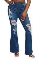 Womens WAX High Waisted Distressed Flare Jeans, Blue, Size 1