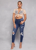 Womens WAX Distressed High Waist Skinny Jeans, Blue,