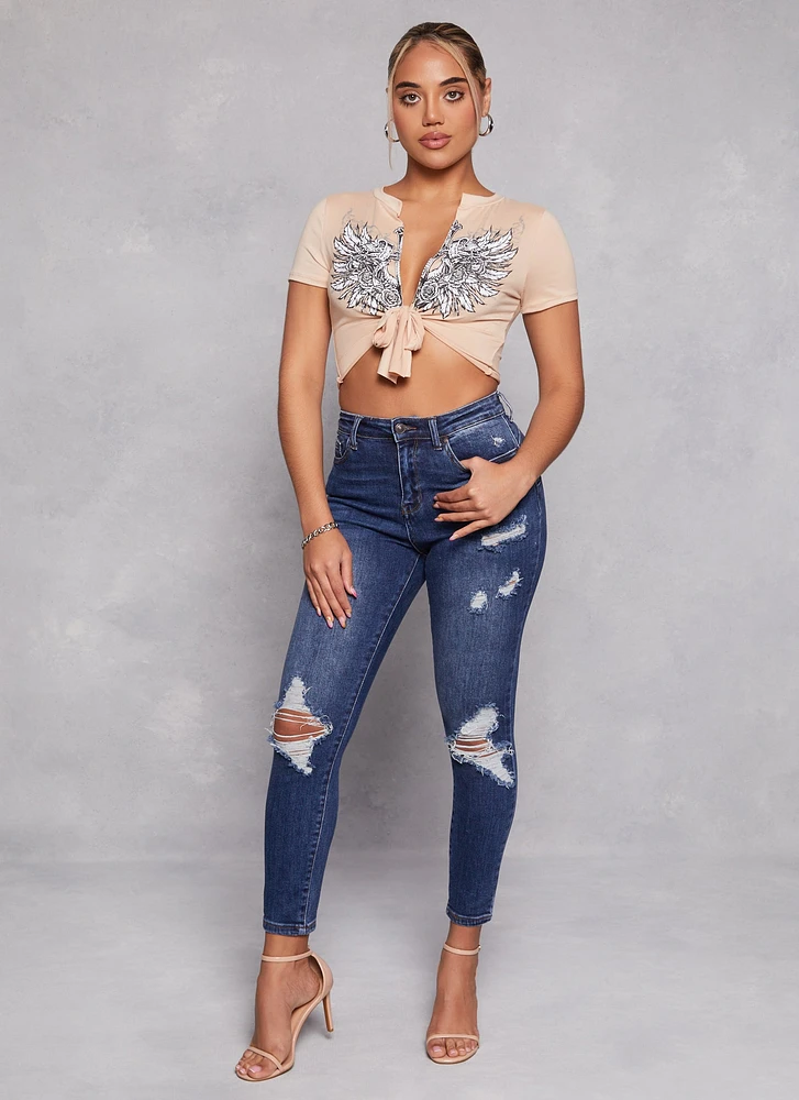 Womens WAX Distressed High Waist Skinny Jeans, Blue, Size 0