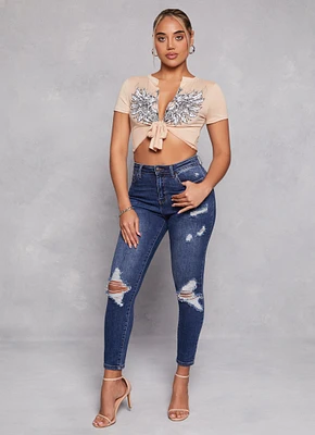 Womens WAX Distressed High Waist Skinny Jeans, Blue, Size 0