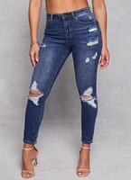 Womens WAX Distressed High Waist Skinny Jeans, Blue,