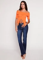 Womens WAX Rhinestone Pocket Detail Flare Jeans, Blue, Size 7