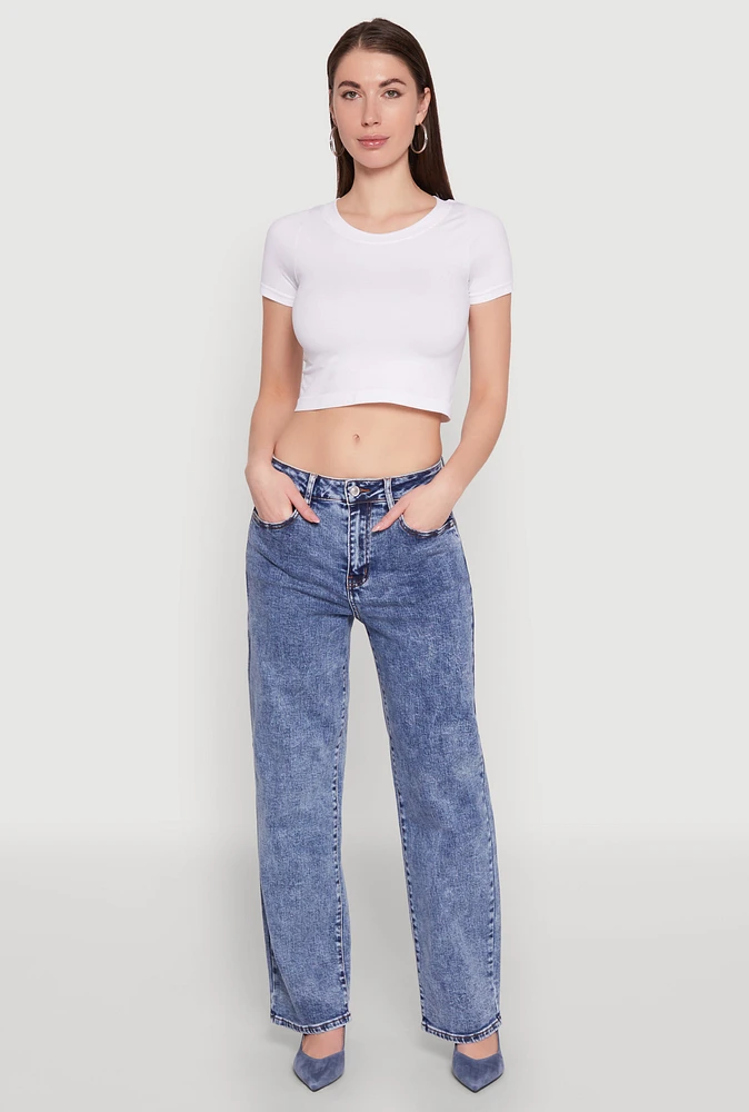 Womens WAX Acid Wash Straight Leg Jeans, Blue,