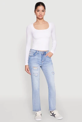 Womens WAX Distressed Straight Leg Jeans, Blue, Size 7