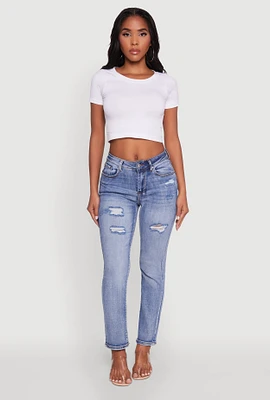 Womens WAX Distressed Straight Leg Jeans, Blue,