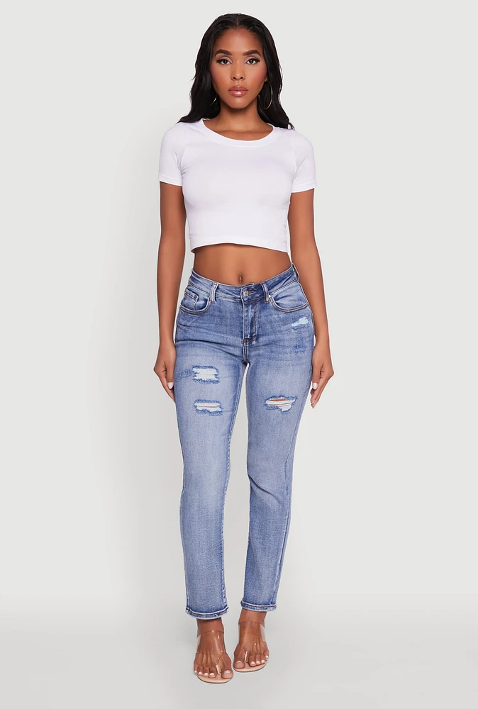 Womens WAX Distressed Straight Leg Jeans, Blue,