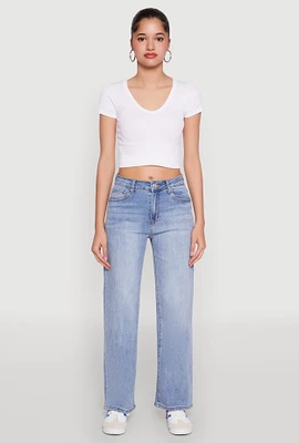 Womens WAX Mid Rise Whiskered Straight Leg Jeans, Blue,