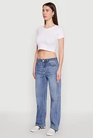 Womens WAX Mid Rise Whiskered Straight Leg Jeans, Blue,