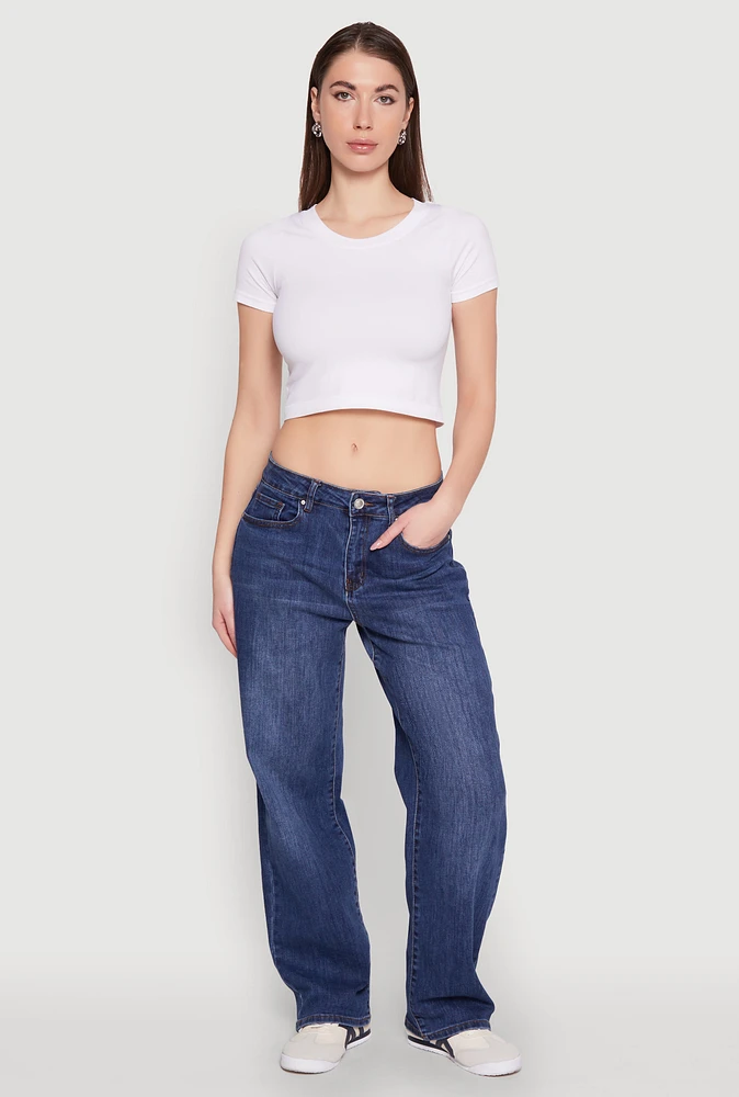 Womens Wax Mid Rise Whiskered Straight Leg Jeans, Blue,