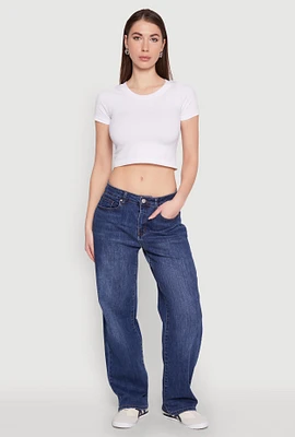 Womens Wax Mid Rise Whiskered Straight Leg Jeans, Blue,