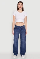 Womens Wax Mid Rise Whiskered Straight Leg Jeans, Blue,