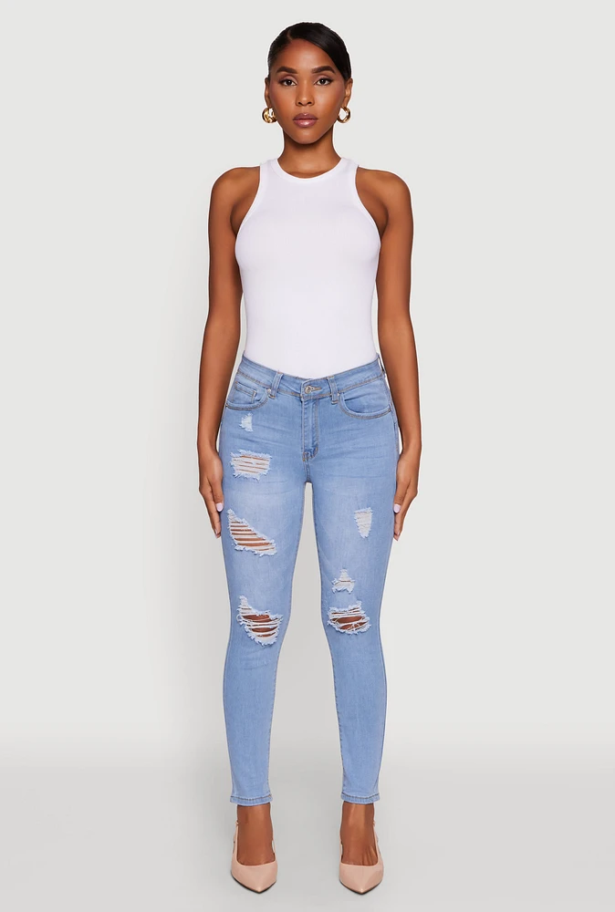 Womens WAX Mid Rise Distressed Jeans, Blue, Size 1