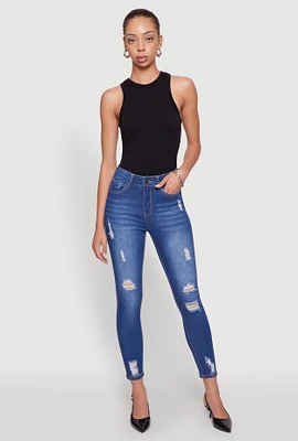 Womens WAX Distressed Frayed Skinny Jeans, Blue, Size 1