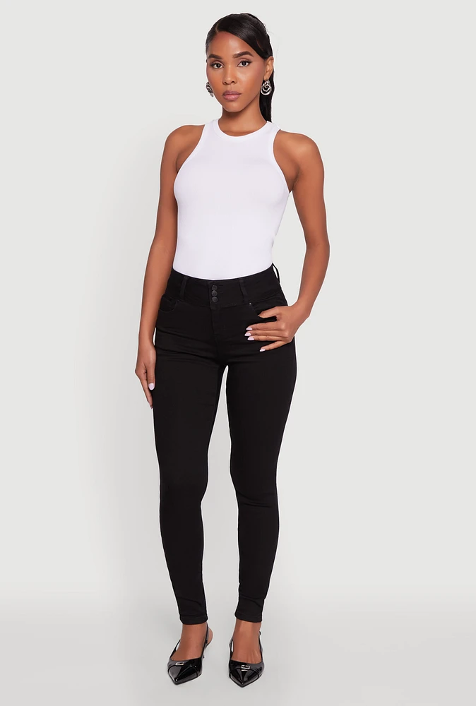 Womens WAX 3 Button Skinny Jeans, Black,