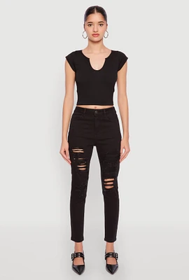 Womens WAX Distressed Patch and Repair Skinny Jeans, Black, Size 11