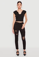 Womens WAX Distressed Patch and Repair Skinny Jeans, Black, Size 11