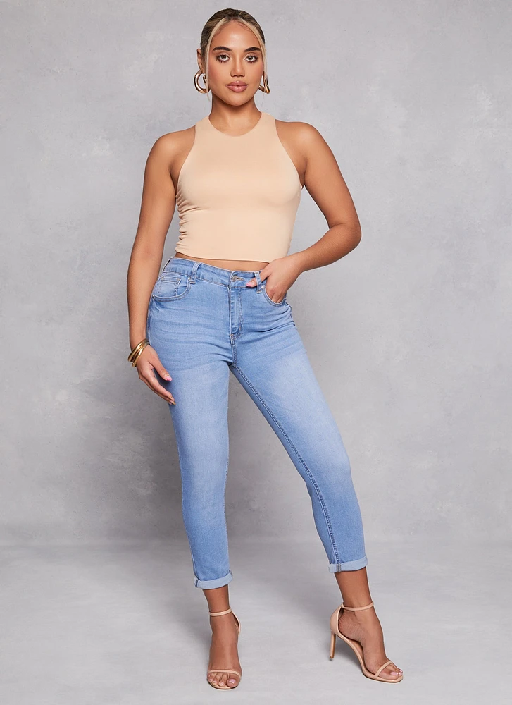 Womens WAX High Waist Rolled Cuff Denim Jeans, Blue,