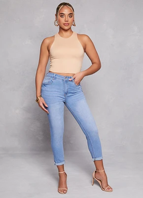 Womens WAX High Waist Rolled Cuff Denim Jeans, Blue,
